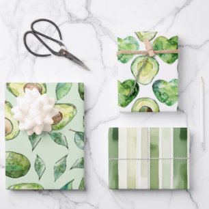 Avocados Herzen Grün Kariert Streifen Geburtstag Geschenkpapier Set