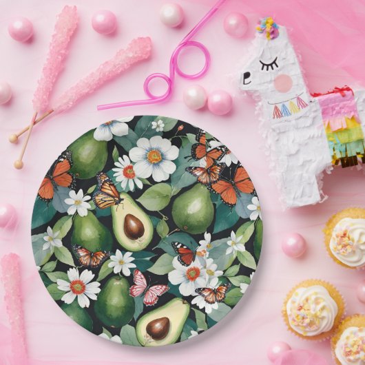 Avocados und Schmetterlinge Grüne Blüte Pappteller (Party)