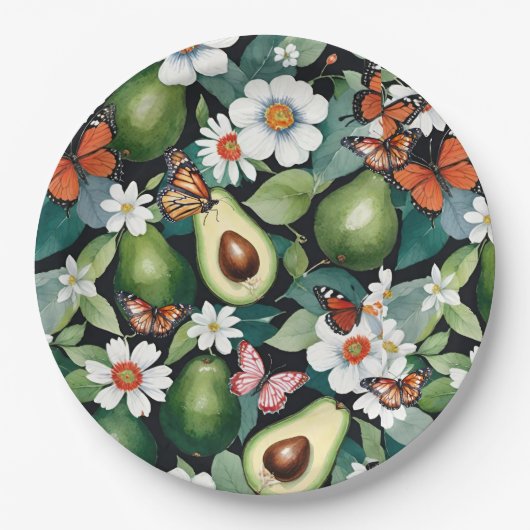 Avocados und Schmetterlinge Grüne Blüte Pappteller (Vorderseite)