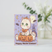 awaii Cat in Pumpkin Costume Halloween Card Postkarte (Stehend Vorderseite)