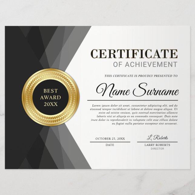 Award für das Schwarze und Gold-Zertifikat (Vorderseite)