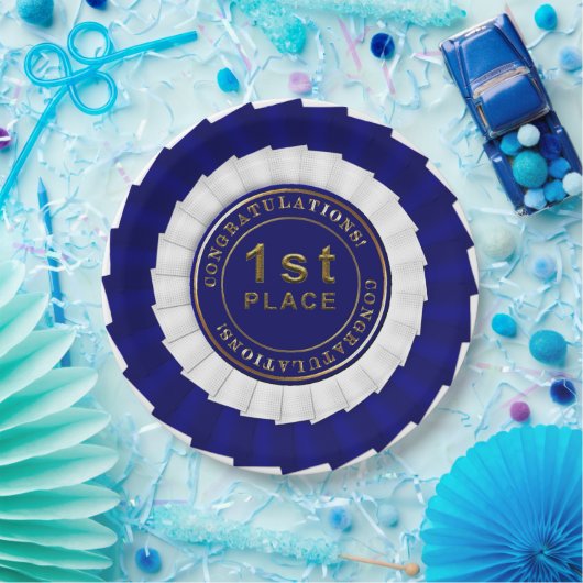 Award Ribbon, Blue-White-1. Platine Pappteller (Party)