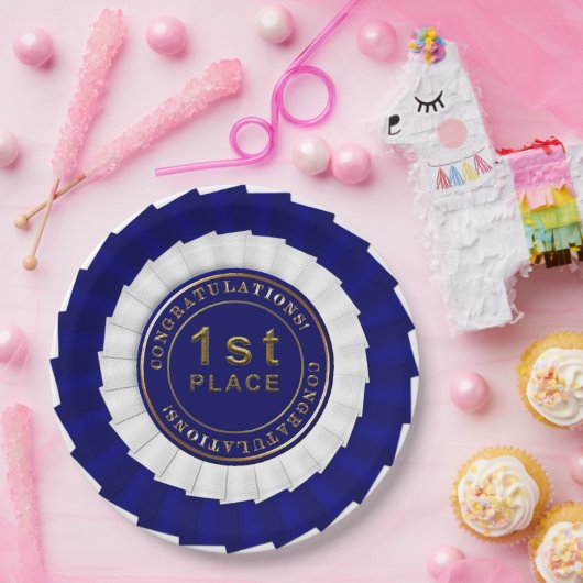 Award Ribbon, Blue-White-1. Platine Pappteller (Party)