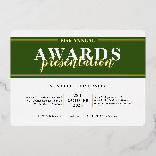 AWARDS DINNER Modernes Ereignis einfache dunkelgrü Folieneinladung (Vorderseite)