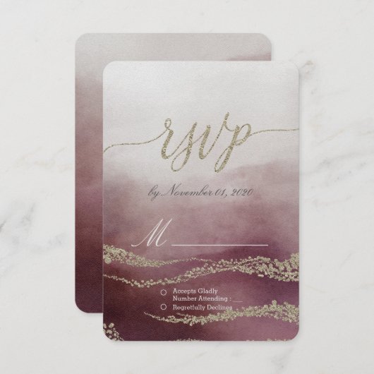 Awash Elegant Watercolor in Cranberry Wedding RSVP (Vorne/Hinten)