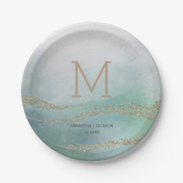 Awash Elegant Watercolor in Ocean Wedding Monogram Pappteller