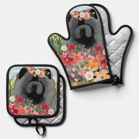 AWASSE IN LICHTschwarz - Blau Chow Hundeshirt Ofenhandschuh & Topflappen-Set (Vorderseite/Rückseite)