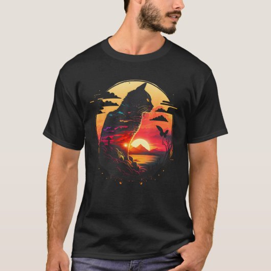Awesome Cat Sunset Retro Aesthetic Cat  Graphic T-Shirt (Vorderseite)