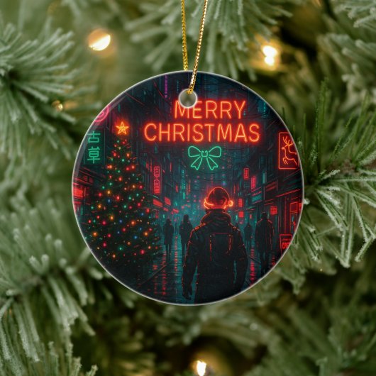 Awesome cyberpunk Christmas street Keramik Ornament (Baum)