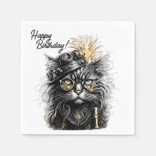 Awesome Steampunk Cat Birthday Serviette (Vorderseite)