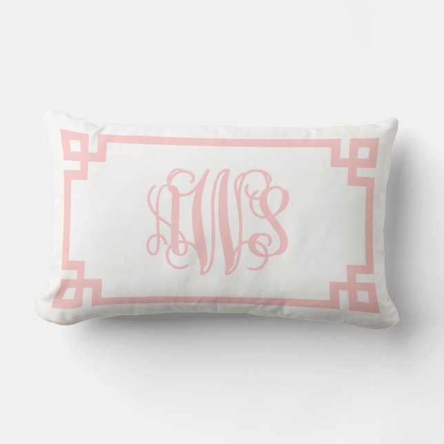 AWS Light Pink Greek Key Script Monogram Lendenkissen (Vorderseite)