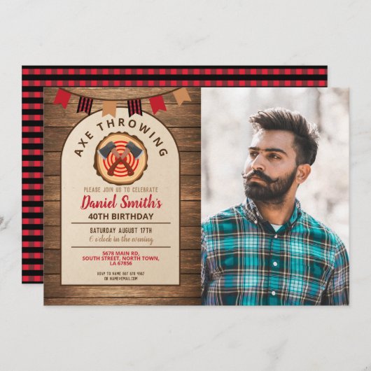 Ax Throwing Birthday Lumberjack Foto Einladung (Vorne/Hinten)