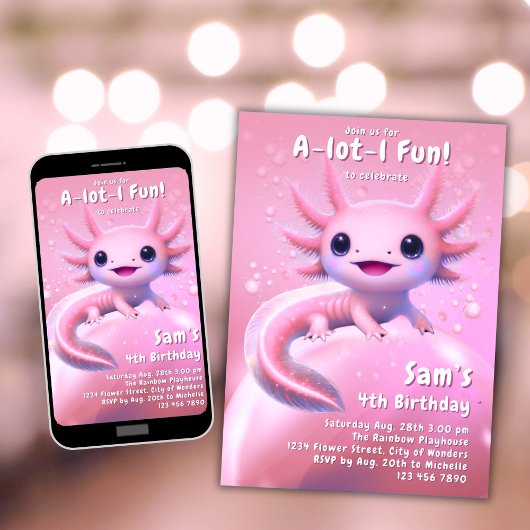 Axolotl Birthday Invitation Girl Pink Axolotl Part Einladung