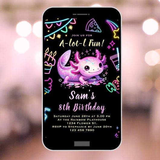 Axolotl Birthday Invitation Neon Axolotl Party Einladung