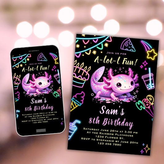 Axolotl Birthday Invitation Neon Axolotl Party Einladung