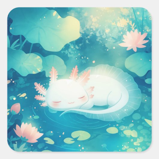 Axolotl Blume Pond Serenity Quadratischer Aufkleber (Vorderseite)