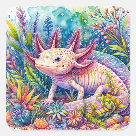 Axolotl Botanische Wasserfarbenkunst Quadratischer Aufkleber (Vorderseite)