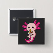 Axolotl Eating Ramen Noodles Kawaii Anime Square Button (Vorne & Hinten)
