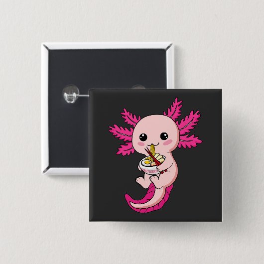 Axolotl Eating Ramen Noodles Kawaii Anime Square Button (Vorne & Hinten)