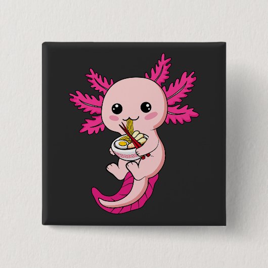 Axolotl Eating Ramen Noodles Kawaii Anime Square Button (Vorderseite)