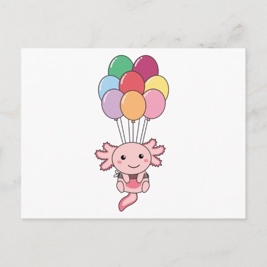 Axolotl fliegt mit farbenfrohen Balloons auf. Postkarte (Vorderseite)