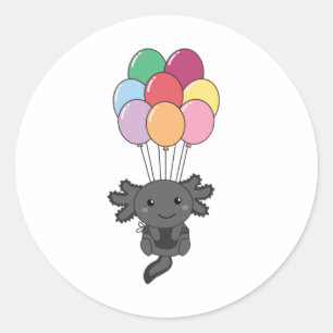 Axolotl fliegt mit farbenfrohen Balloons auf. Runder Aufkleber