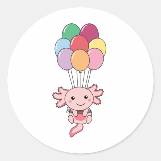 Axolotl fliegt mit farbenfrohen Balloons auf. Runder Aufkleber (Vorderseite)