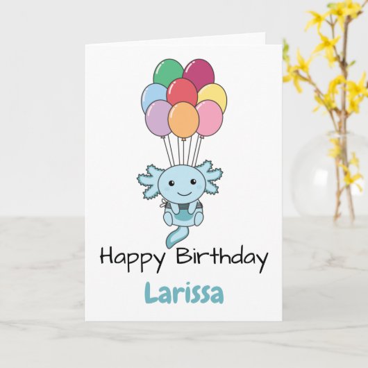 Axolotl fliegt mit farbenfroher Balloonkarte. Karte (Gelbe Blume)