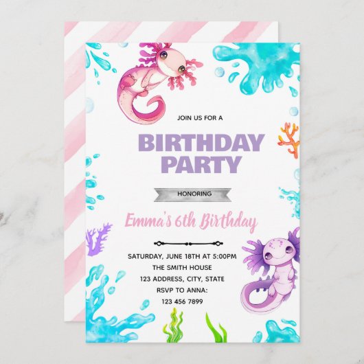 Axolotl-Geburtstagseinladung Einladung (Vorne/Hinten)