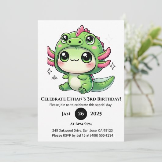 Axolotl in Dragon Hat Birthday Einladung (Stehend Vorderseite)