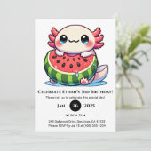 Axolotl in Watermelon Float Birthday Einladung (Stehend Vorderseite)