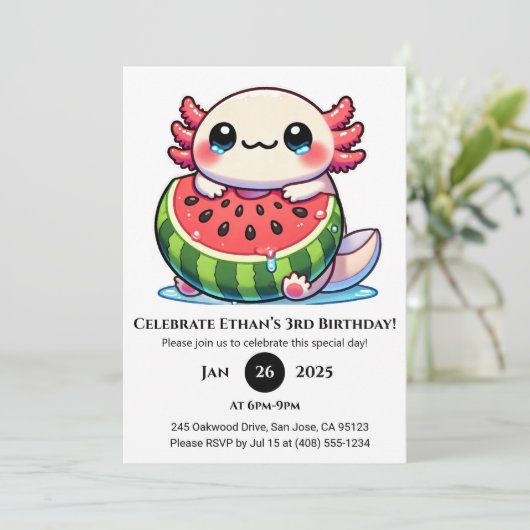 Axolotl in Watermelon Float Birthday Einladung (Stehend Vorderseite)