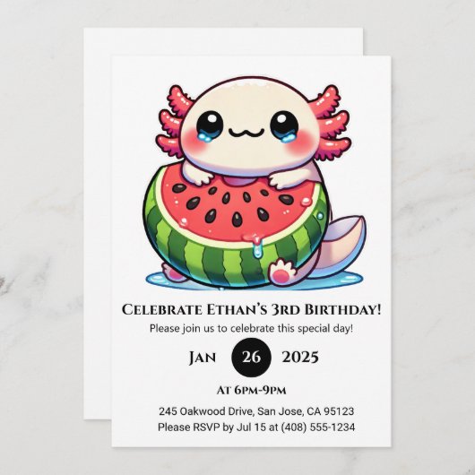 Axolotl in Watermelon Float Birthday Einladung (Vorne/Hinten)