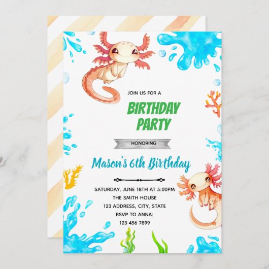 Axolotl-Jungen-Geburtstagseinladung Einladung (Vorne/Hinten)