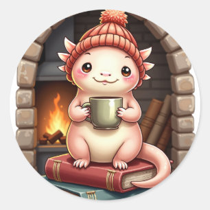 Axolotl Kaffeeabhängiger Kawaii - Gemütliche Lesec Runder Aufkleber