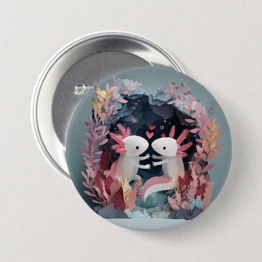 Axolotl love paper cut shadowbox diorama button (Vorne & Hinten)