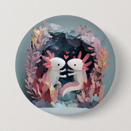 Axolotl love paper cut shadowbox diorama button (Vorderseite)