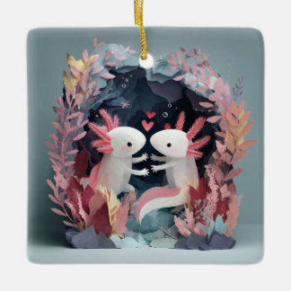 Axolotl love paper cut shadowbox diorama keramikornament