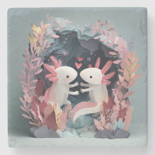 Axolotl love paper cut shadowbox diorama steinuntersetzer (Vorderseite)