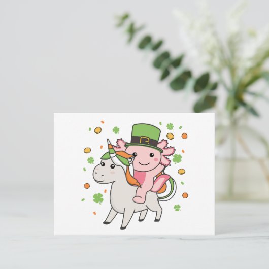 Axolotl mit Unicorn St. Patrick's Day Ireland Pos Postkarte (Stehend Vorderseite)