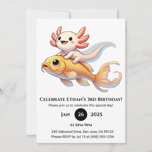 Axolotl on Koi Birthday Einladung (Vorderseite)