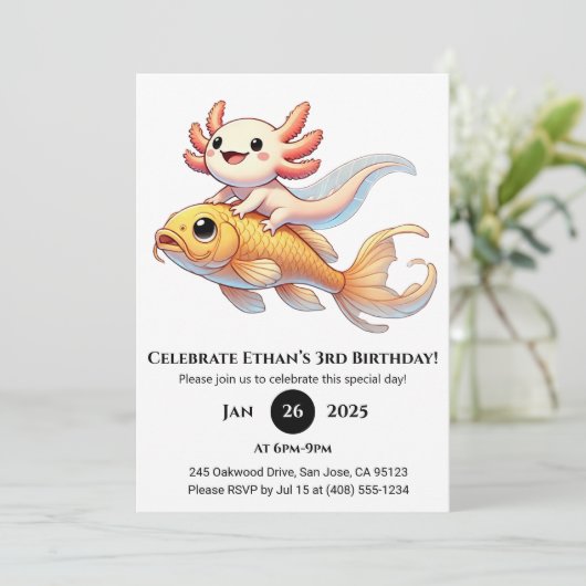 Axolotl on Koi Birthday Einladung (Stehend Vorderseite)