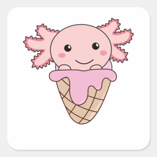 Axolotl Pink Ice Cream Waffel Sweet Animes Quadratischer Aufkleber (Vorderseite)