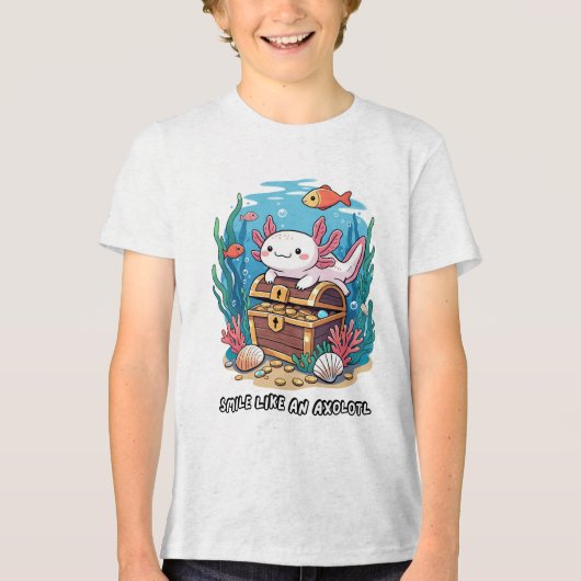 Axolotl sitzt stolz auf einer Schatztruhe Tri-Blend Shirt (Vorderseite)