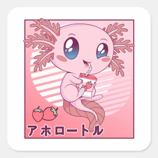 Axolotl Strawberry Milk Retro Kawaii Japan Axolotl Quadratischer Aufkleber (Vorderseite)
