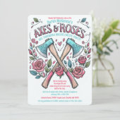 Äxte und Rose - Ax-Throwing-Junggeselinnen-Abschie Einladung (Stehend Vorderseite)