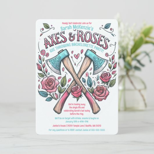 Äxte und Rose - Ax-Throwing-Junggeselinnen-Abschie Einladung (Stehend Vorderseite)