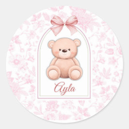 Ayla | Benutzerdefiniertes rosa Teddy-Bär-Kinderzi Runder Aufkleber
