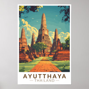 Ayutthaya Thailand Illustration Travel Art Vintag Poster