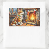Azawakh Sitting by Fireplace with Christmas Lights Rechteckiger Aufkleber (Tasche)